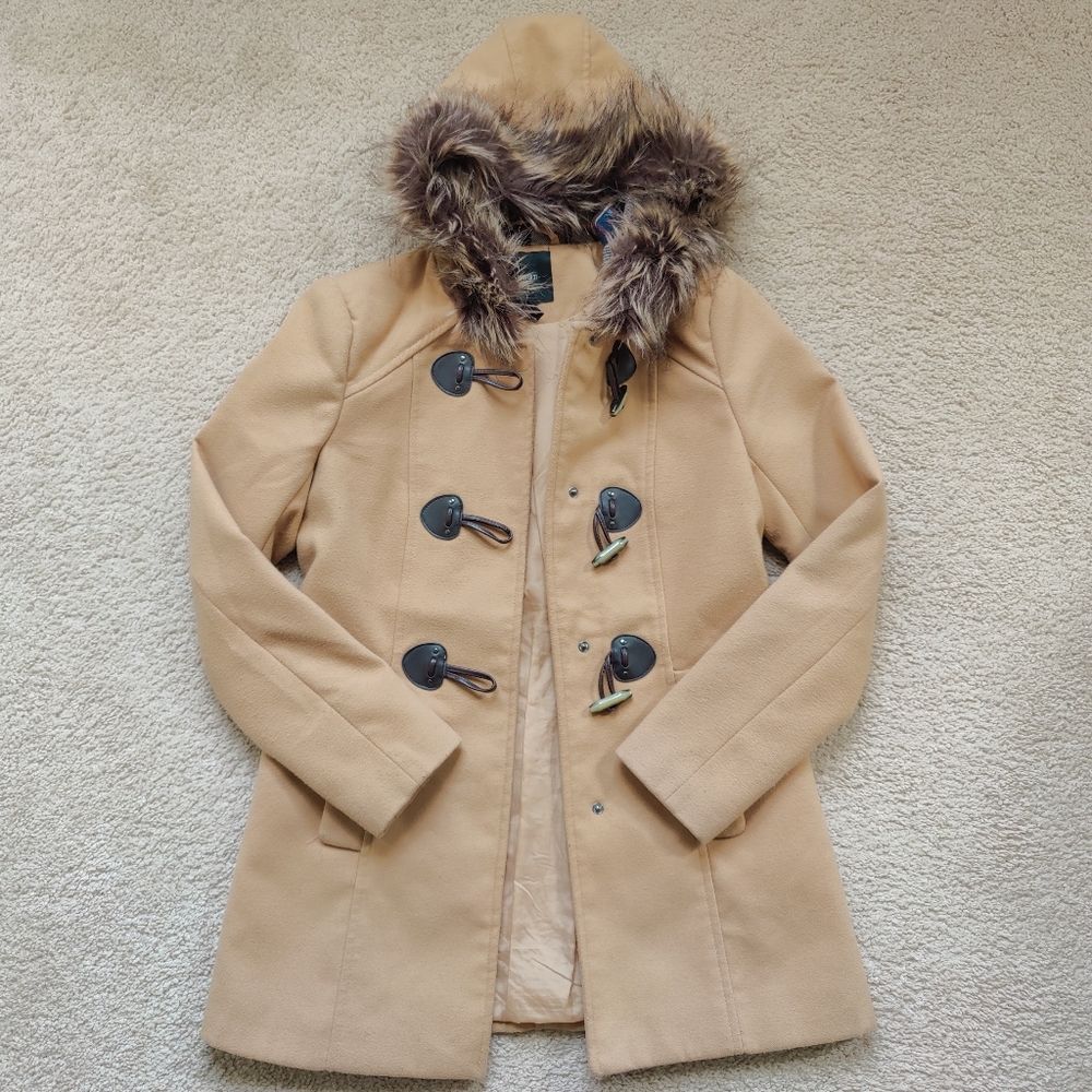 Tan Pea Coat with Faux Fur